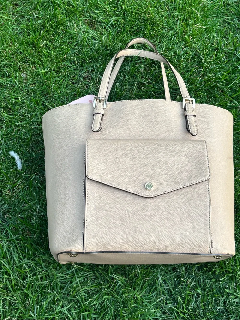 Michael Kors Beige Saffiano Tote with Front Flap Pocket